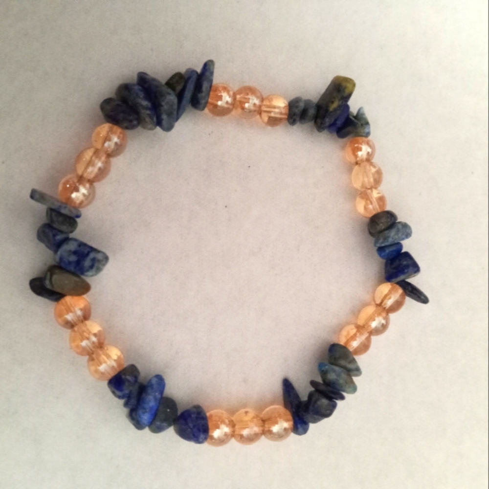 Hand crafted Lapis lazuli gemstone iridescent beaded stretch statement bracelet